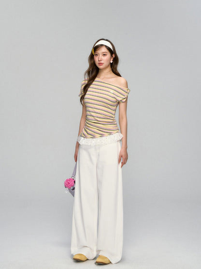 Striped Lace-Spliced Asymmetric-Shoulder T-shirt