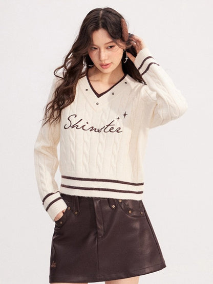 Layered-Effect Embroidered Knit V-Neck Sweater