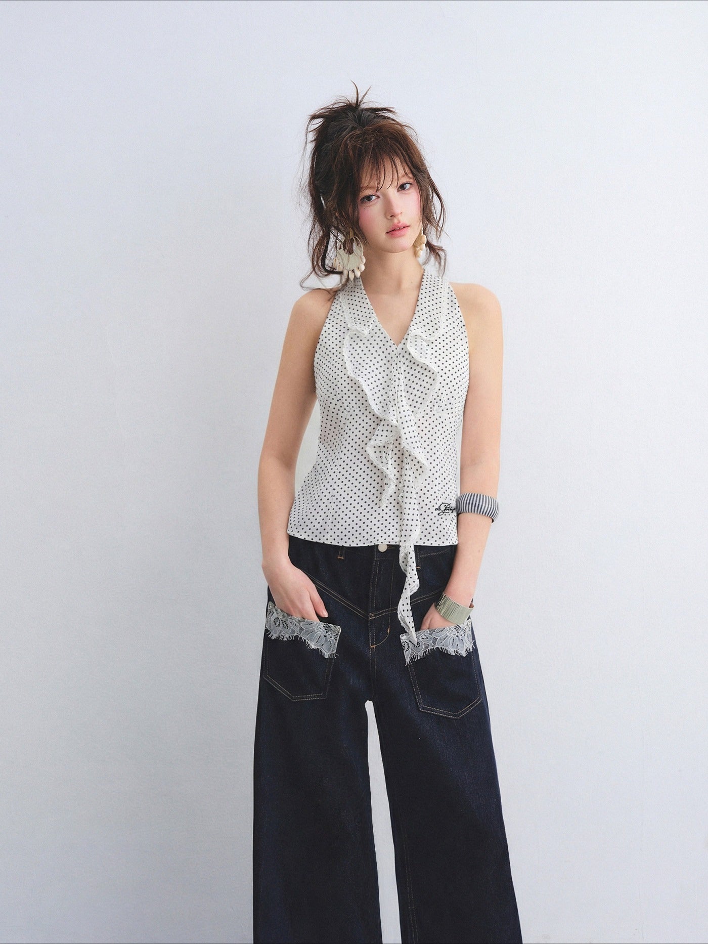 Polka Dot Lace Ruffle V-Neck Camisole