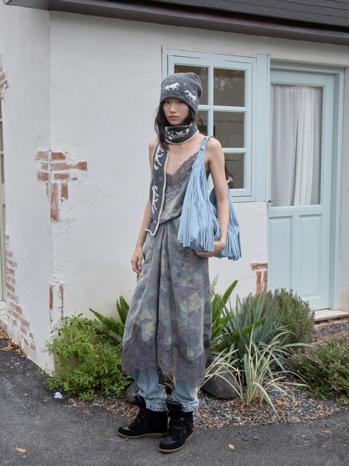 Camouflage Lace-Trim Printed Slip Dress