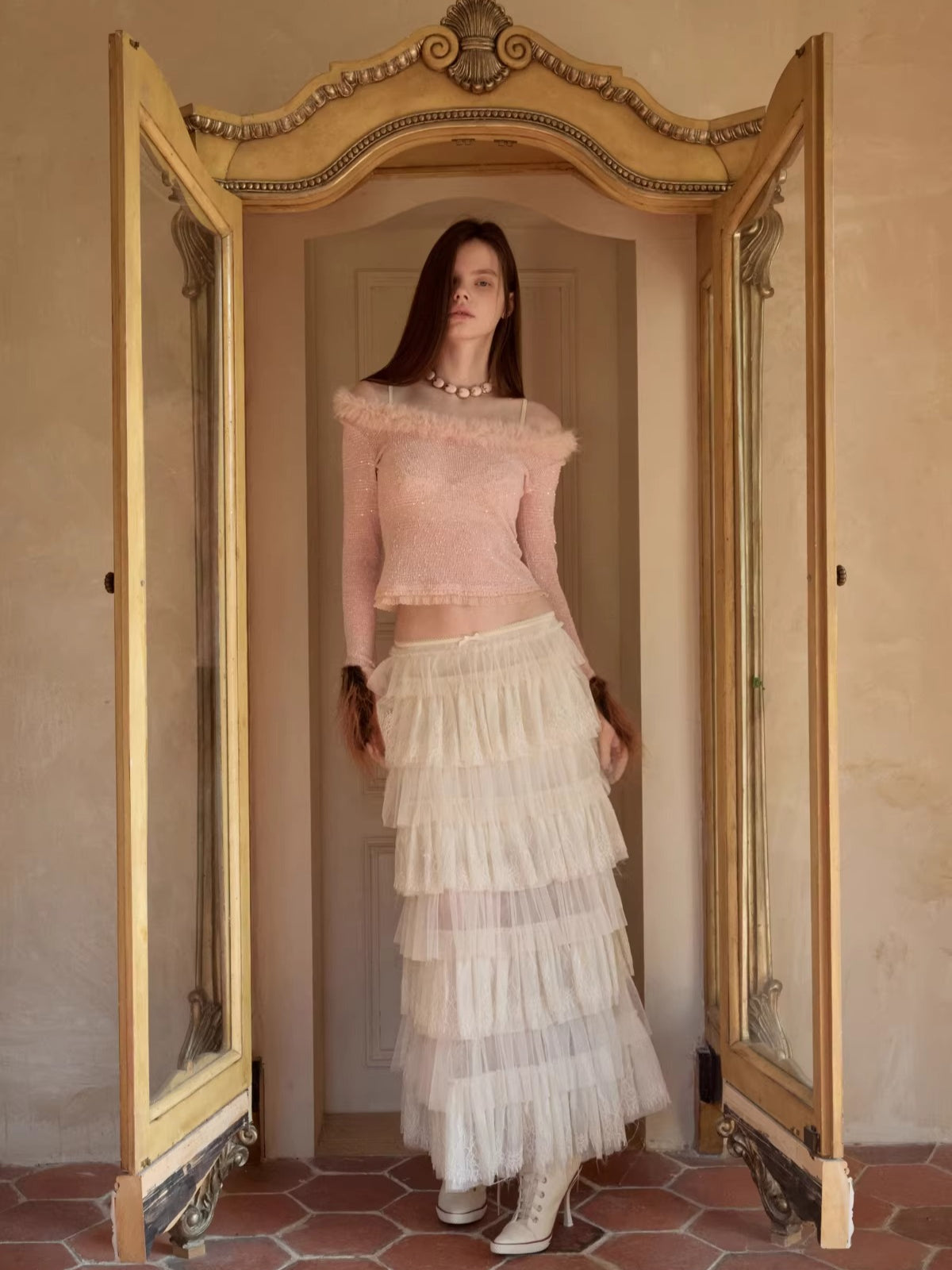 French Lace Layered Tulle Midi Skirt