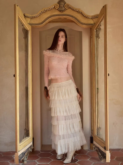 French Lace Layered Tulle Midi Skirt