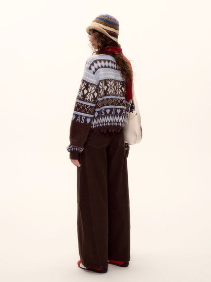 Vintage Fair Isle Half-Zip Fringe Hem Sweater