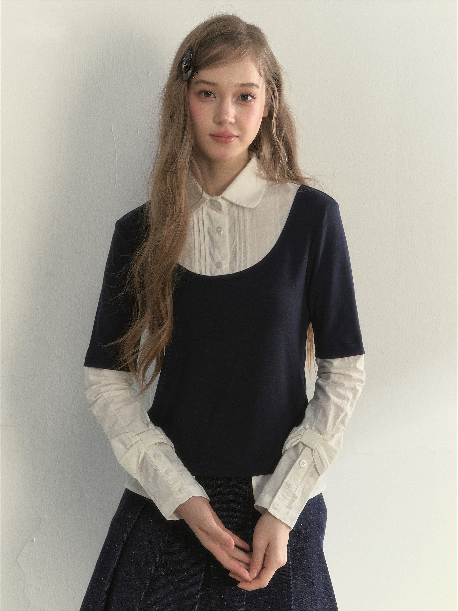 Navy Layered Long-Sleeve Knit Shirt