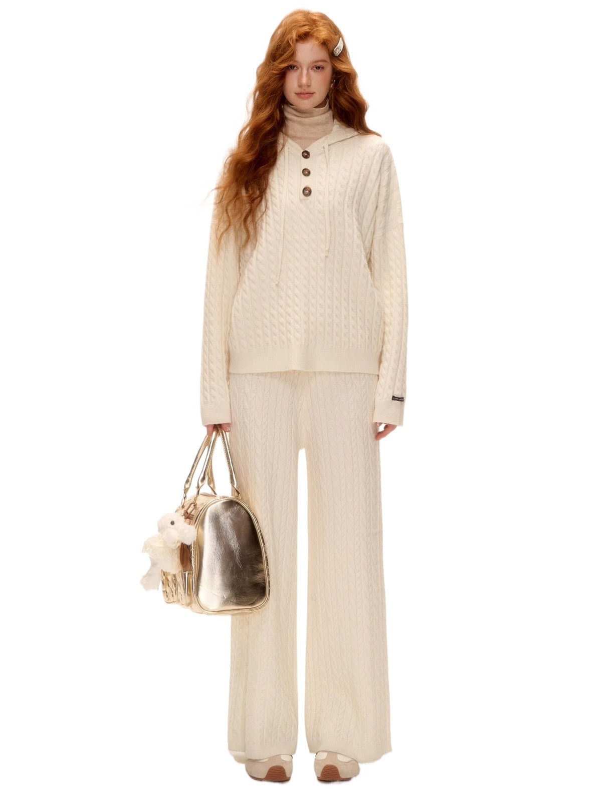 Wool Blend Cable-Knit Hoodie &amp; Wide-Leg Pants Set