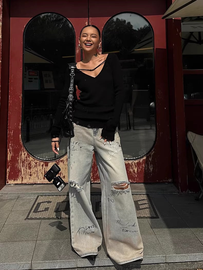 Graffiti Spray-Wash Wide-Leg Denim Jeans