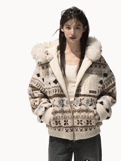 Jacquard Shearling Hooded Short Jacket