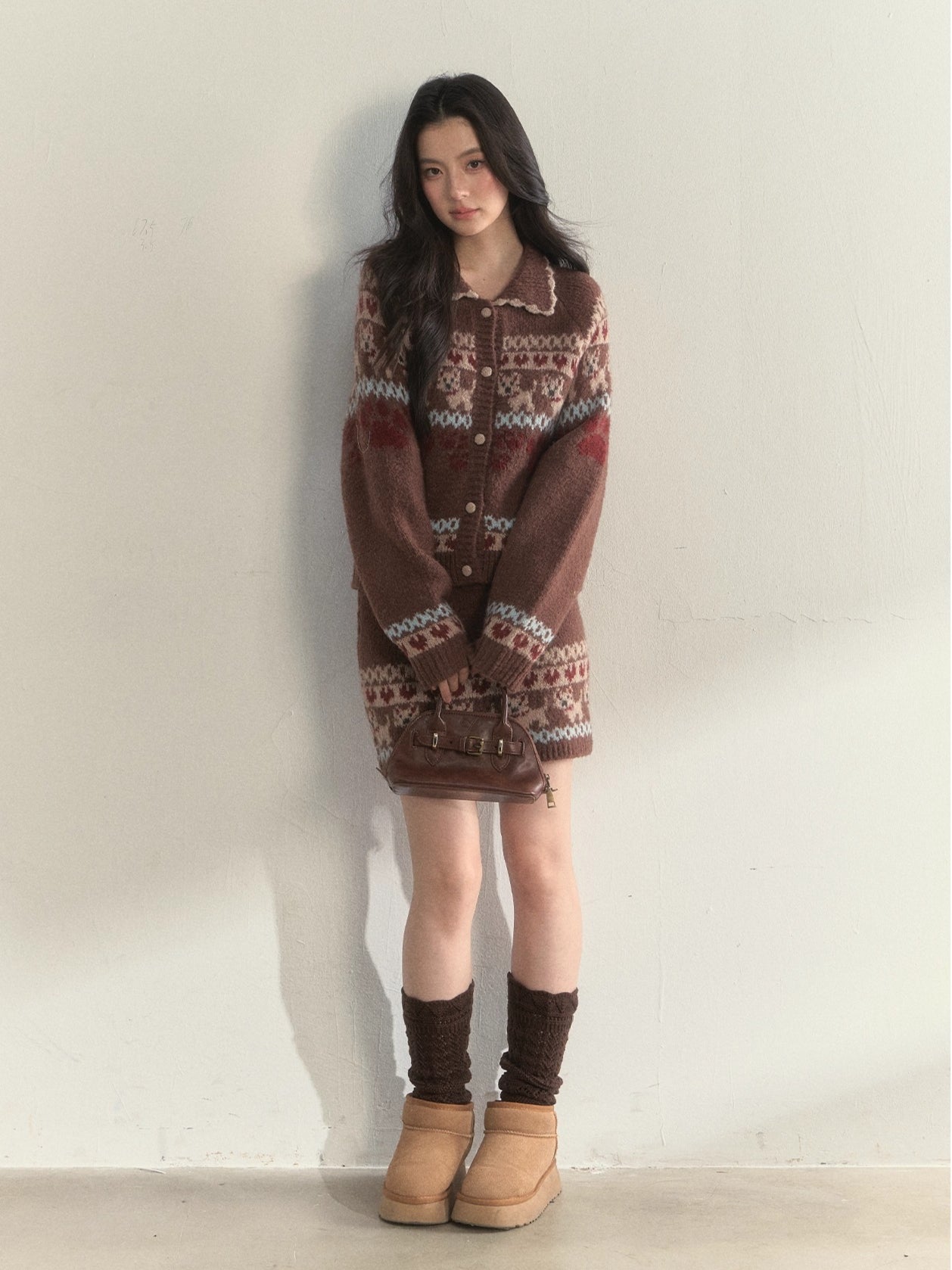 “Puppy Fair Isle” Vintage Knit Cardigan &amp; Skirt Set