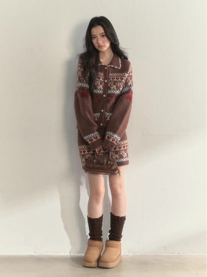 “Puppy Fair Isle” Vintage Knit Cardigan &amp; Skirt Set