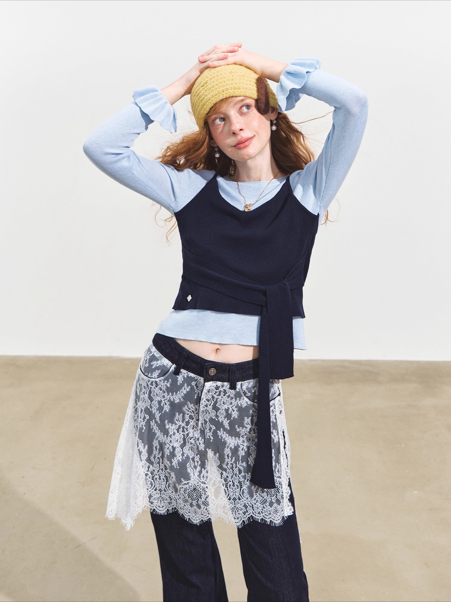 Faux Two-Piece Contrast Tie Sweater