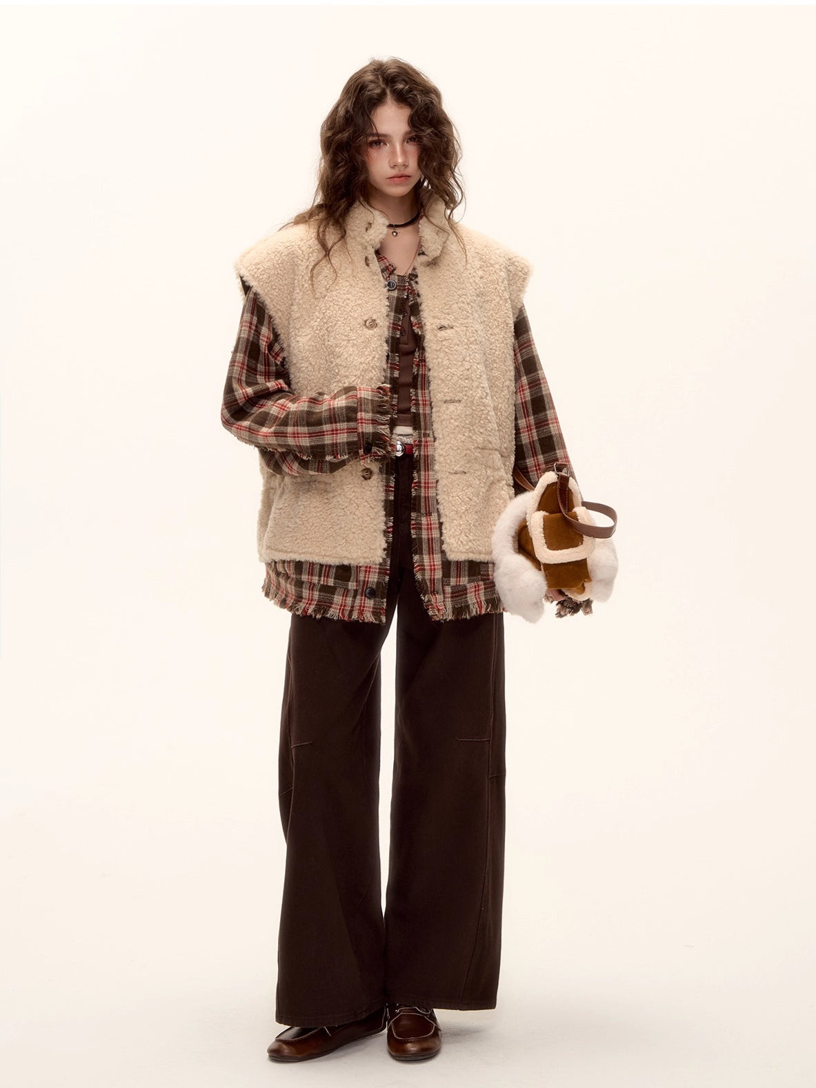 Wool Blend Checkered Contrast Fringe Shirt