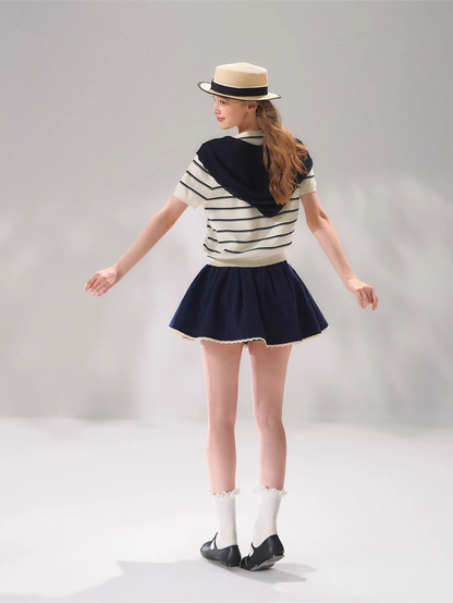 Sailor Tie-Detail Striped Knit Short Sleeve Top