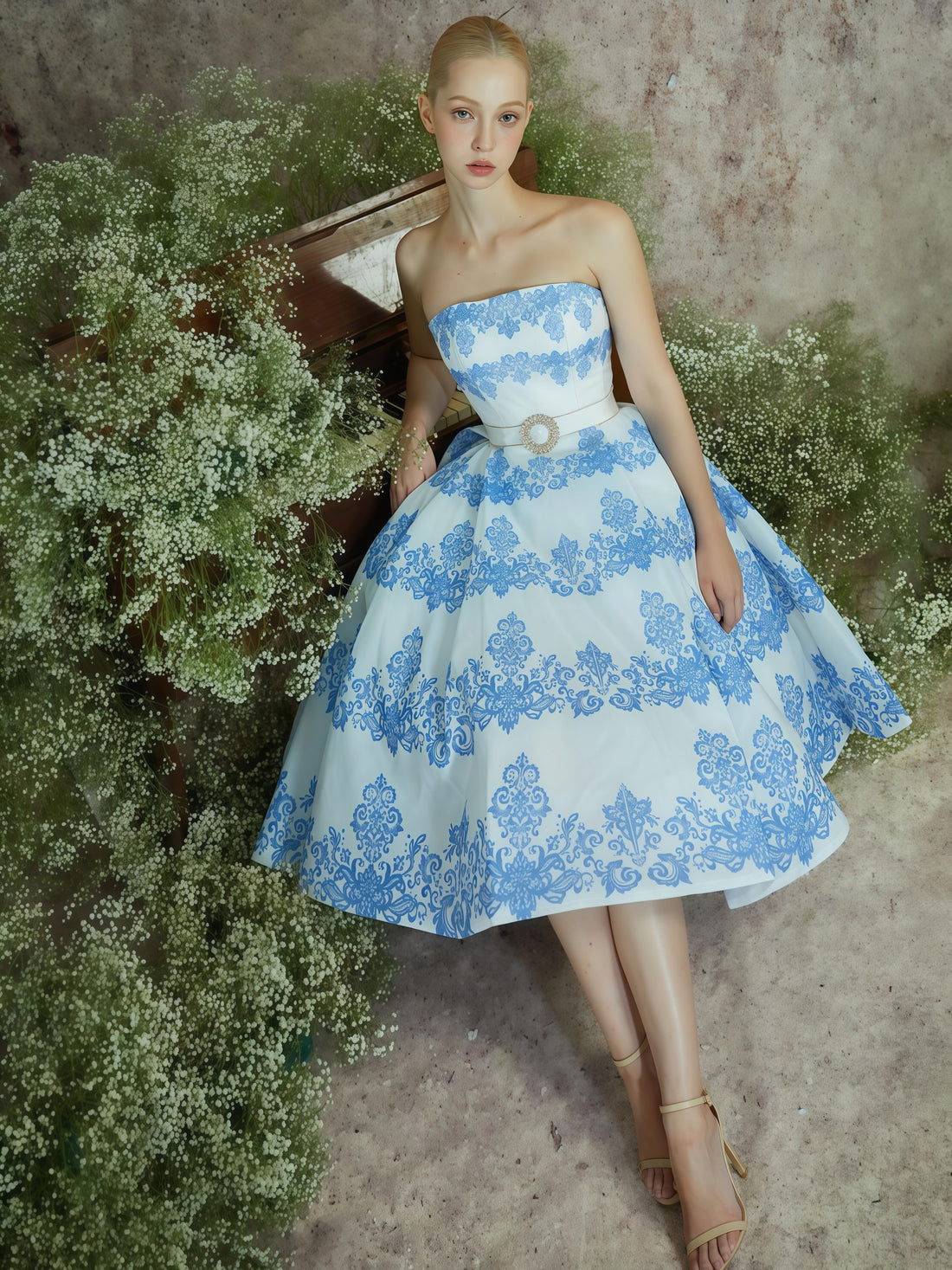 Porcelain Blue Floral Strapless Midi Dress