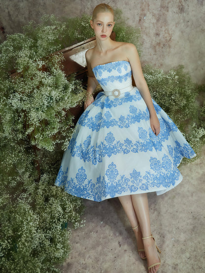 Porcelain Blue Floral Strapless Midi Dress