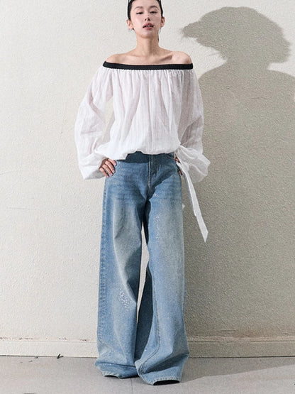 Cotton Silver-Splatter Wide-Leg Jeans