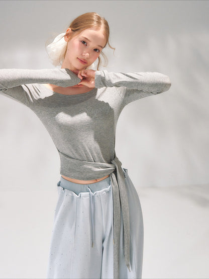 Asymmetric Crystal Logo Tie-Shoulder Fitted Tee