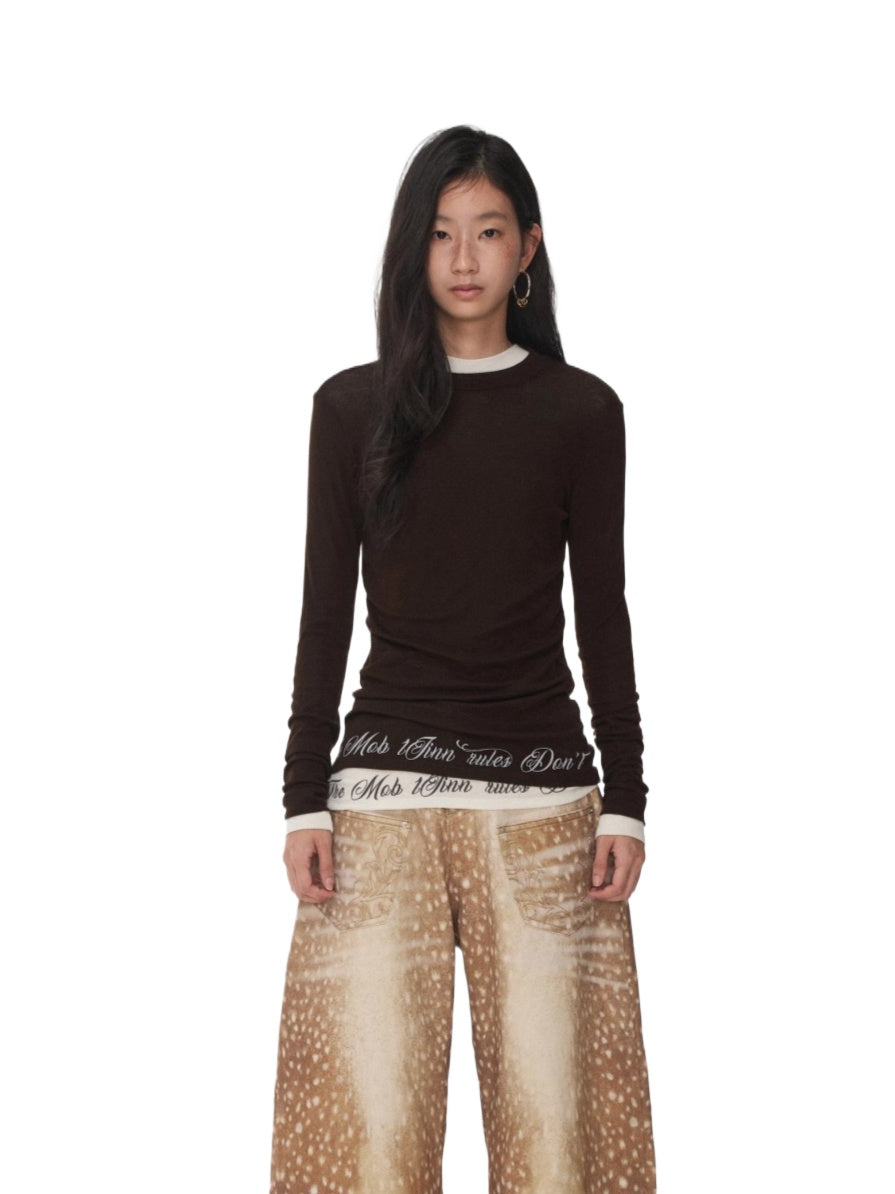 Basic Round-Neck Letter Print Semi-Sheer T-Shirt
