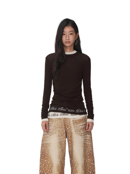 Basic Round-Neck Letter Print Semi-Sheer T-Shirt