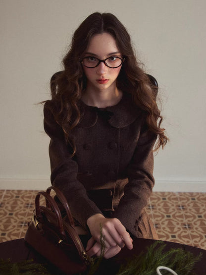 Vintage Preppy Doll-Collar Houndstooth Pleated Dress