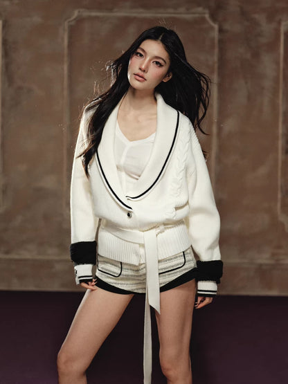 Oversized Contrast V-Neck Tie-Waist Knit Sweater