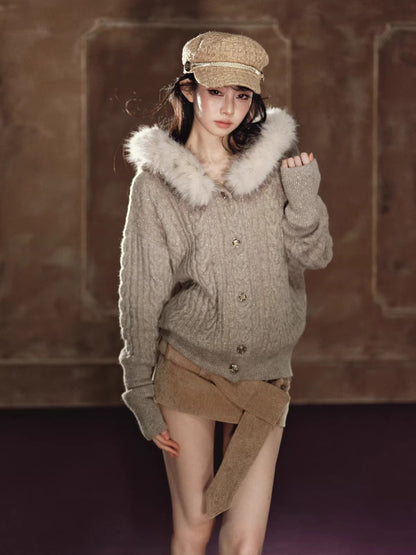 Shimmer Cable-Knit Hooded Cardigan