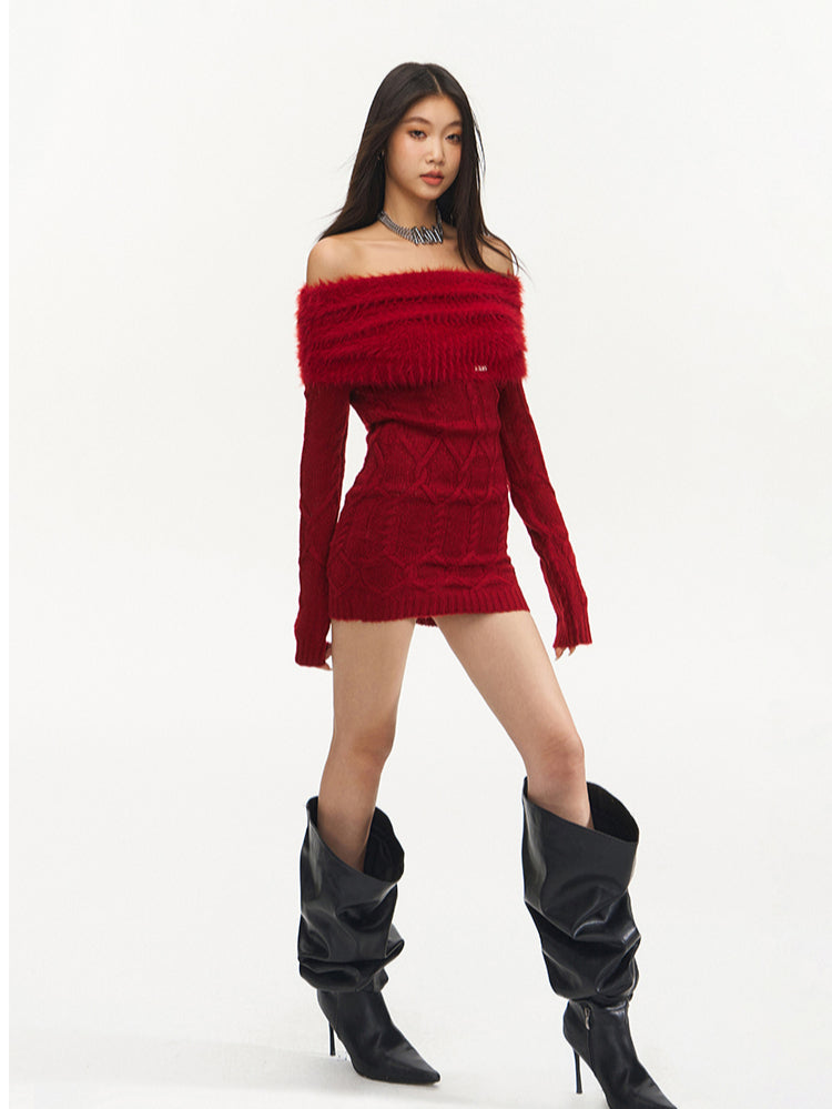 Red Off-Shoulder Mohair Knitted Dress