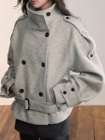 Contrast Double-Breasted Wool-Blend Belted Jacket