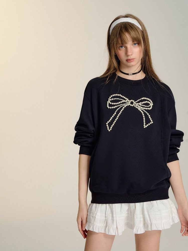 Gray &amp; Navy Blue Butterfly Knot Beaded Pullover Sweatshirt