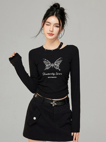 Butterfly Pleated Long Sleeve T-shirt