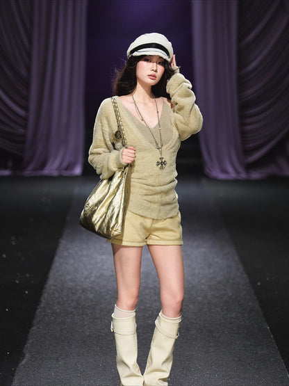 Shimmery Knit V-neck &amp; Camisole Two-Piece Set