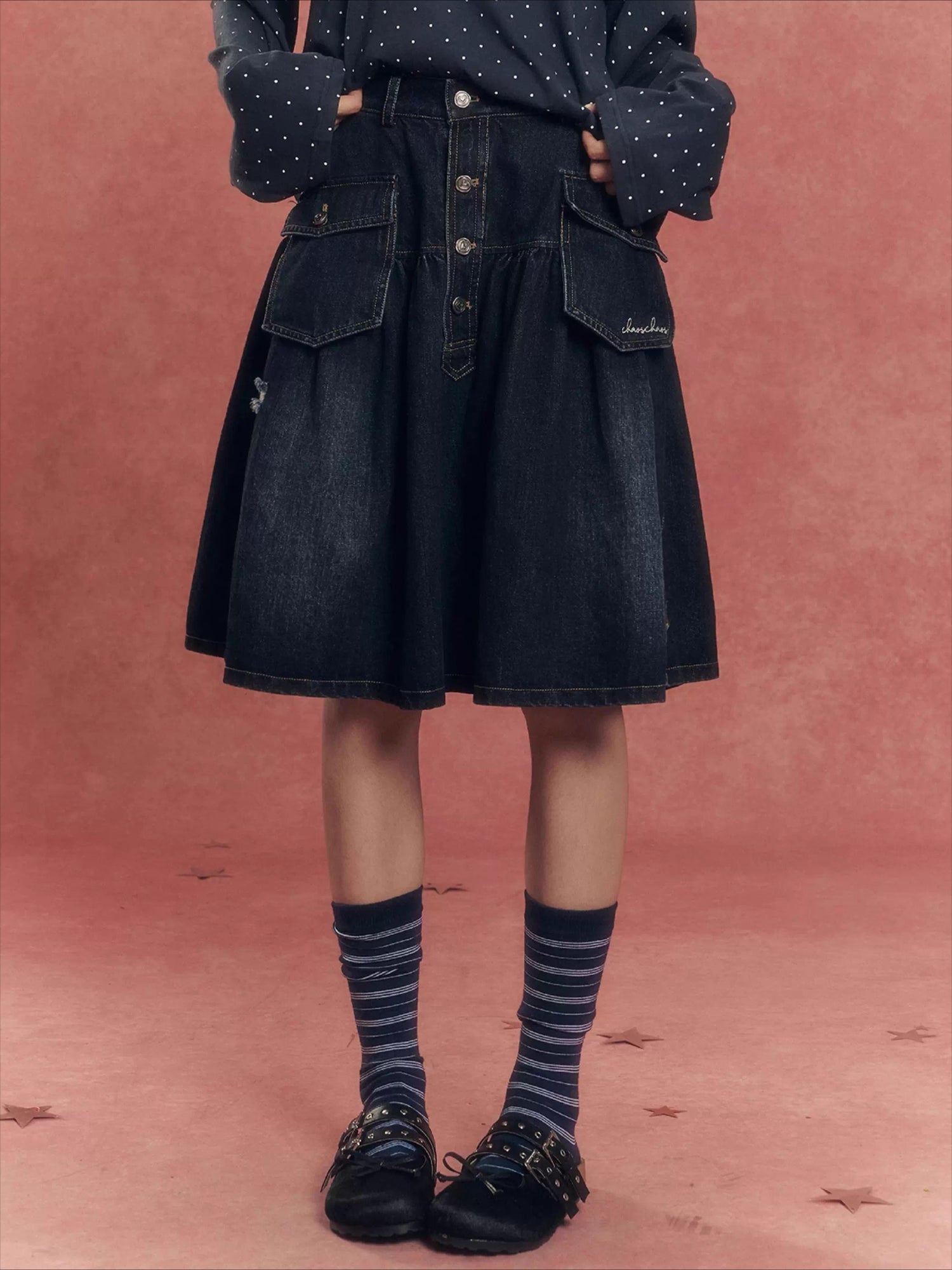 Vintage Washed Denim Utility Midi Skirt