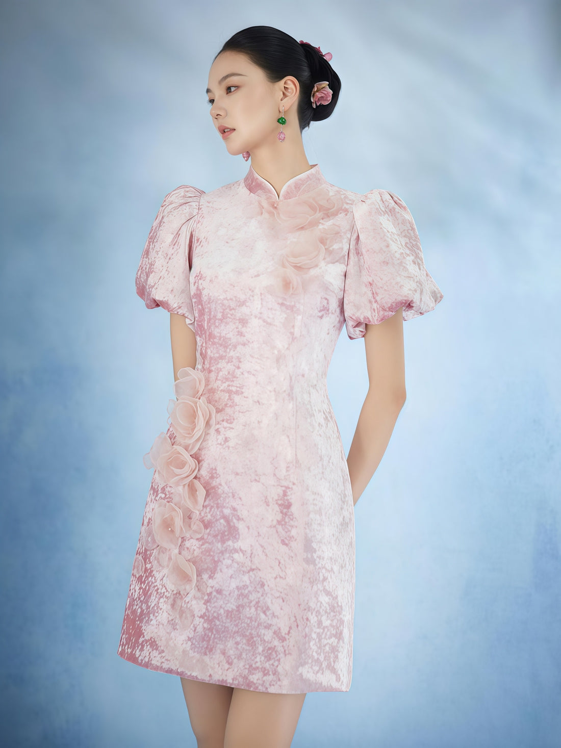 Blush Embroidered Floral Mandarin Collar Mini Dress