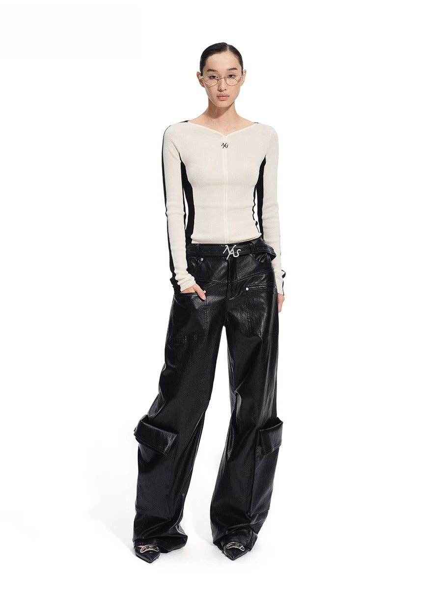 Punk-Style Eco Textured Faux Leather Wide-Leg Pants