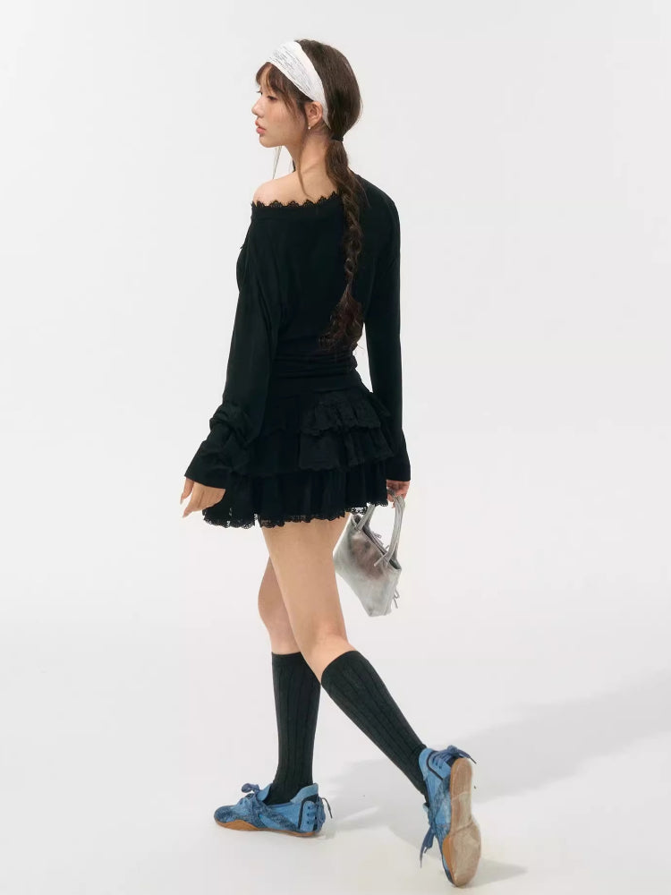 Asymmetric Shoulder Long-Sleeve Top