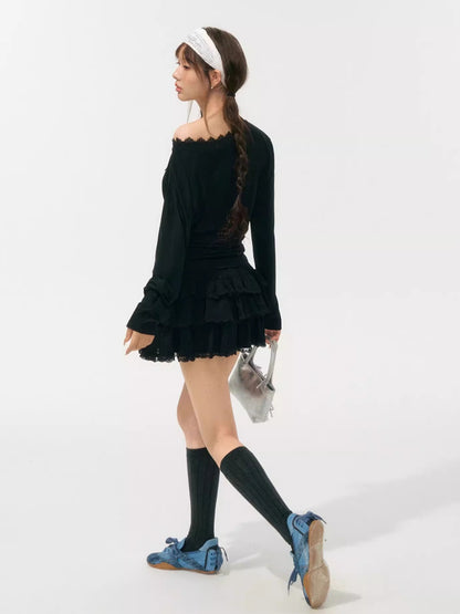 Asymmetric Shoulder Long-Sleeve Top