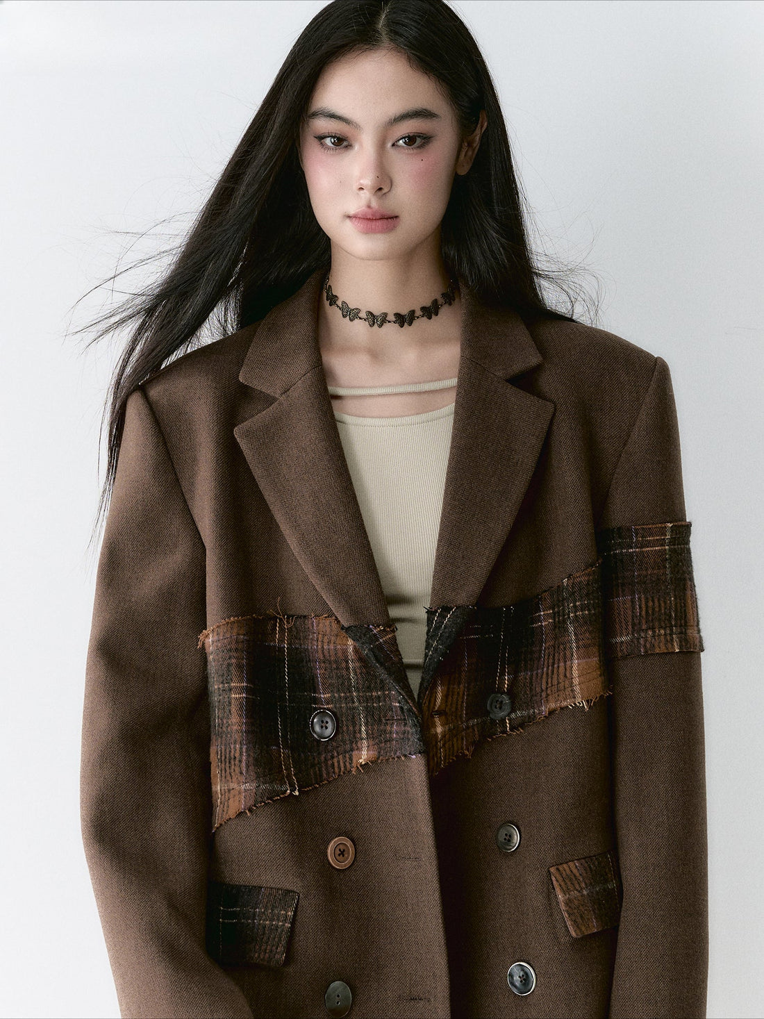 Wool Plaid Patchwork Mid-Length Coat - CHINASQUAD