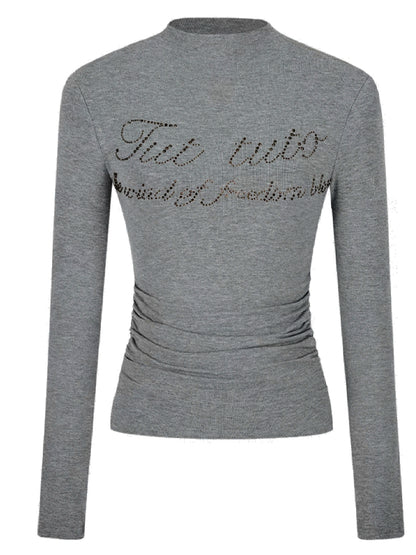 Letter Rhinestone Half-High Collar Base Shirt - CHINASQUAD