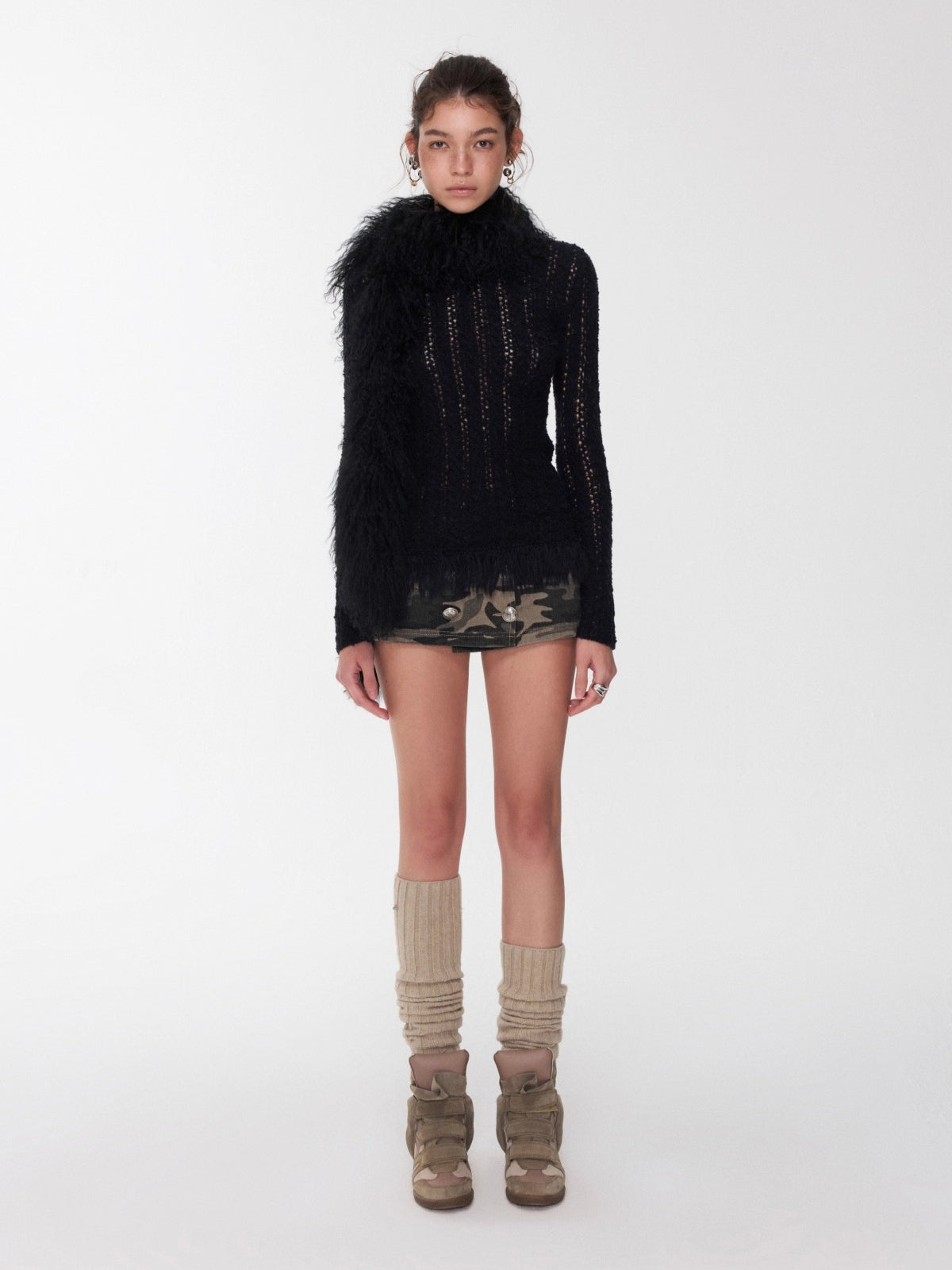 Cable-Knit Faux-Fur Trim Fitted Sweater