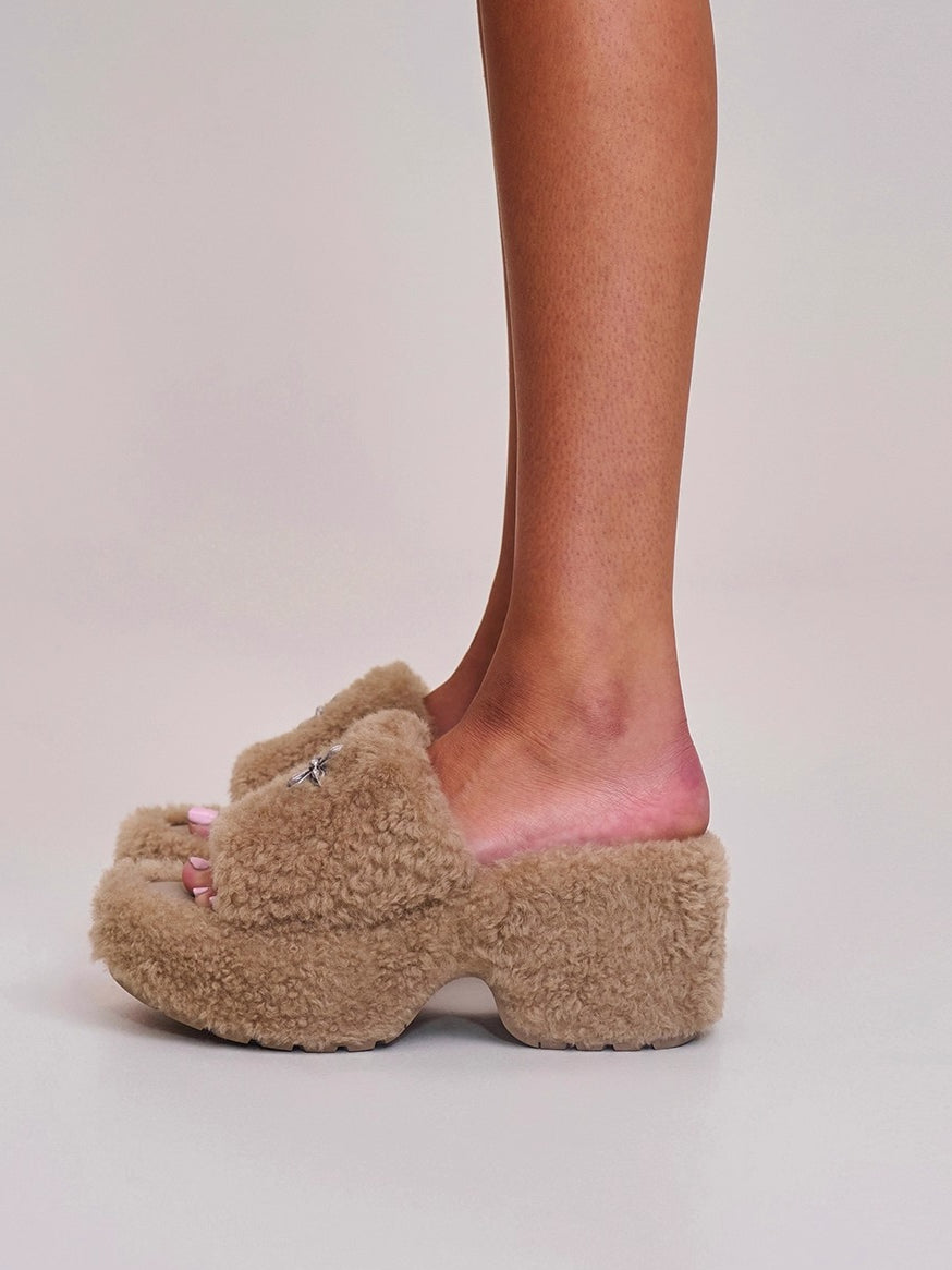 Cross Relic Shearling Heel Mules