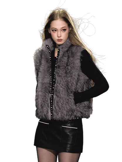 Beaded Faux Fur Layered Vest