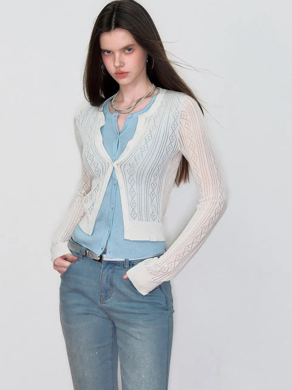 Layered-Effect Contrast Knit Cardigan
