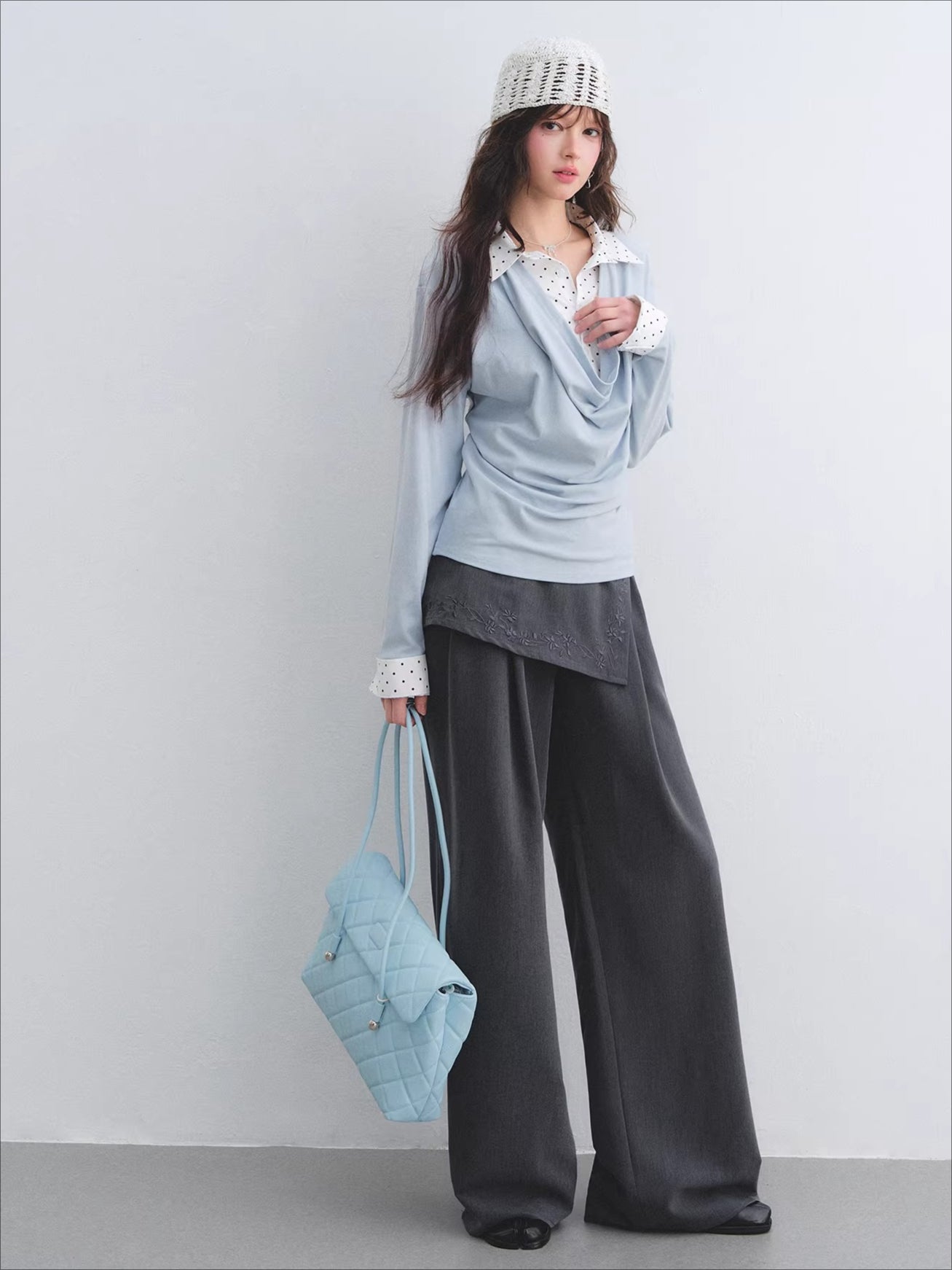 Embroidered Panel Wide-Leg Tailored Trousers