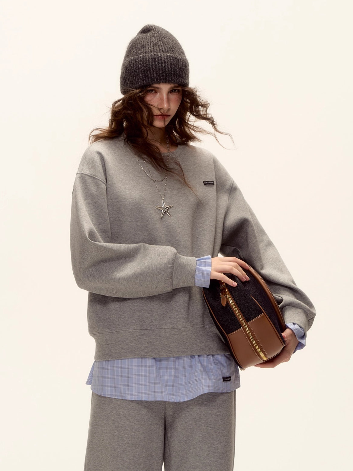 Patchwork Sweatshirt &amp; Curved-Hem Knit Pants Set