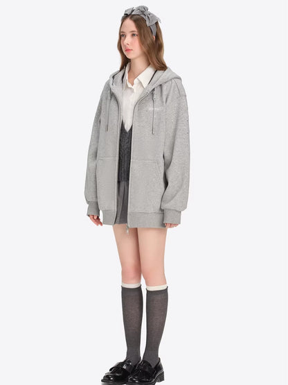 Faux-Diamond Embellished Relaxed Hoodie Jacket