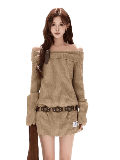 CYNR Off-Shoulder Wool-Blend Sweater Dress – Mini Dresses