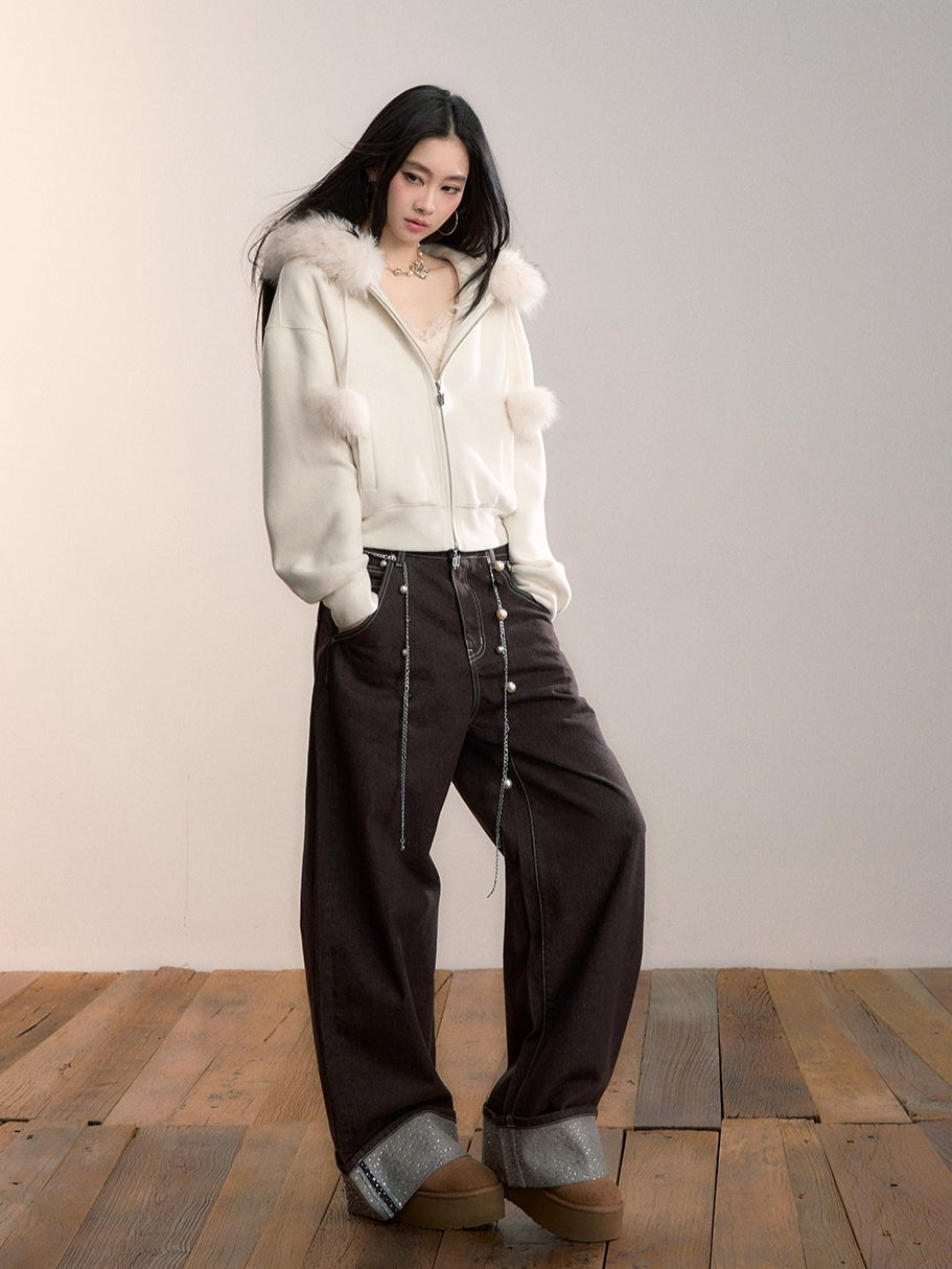 Faux Fur Collar Wool-Blend Fleece Jacket