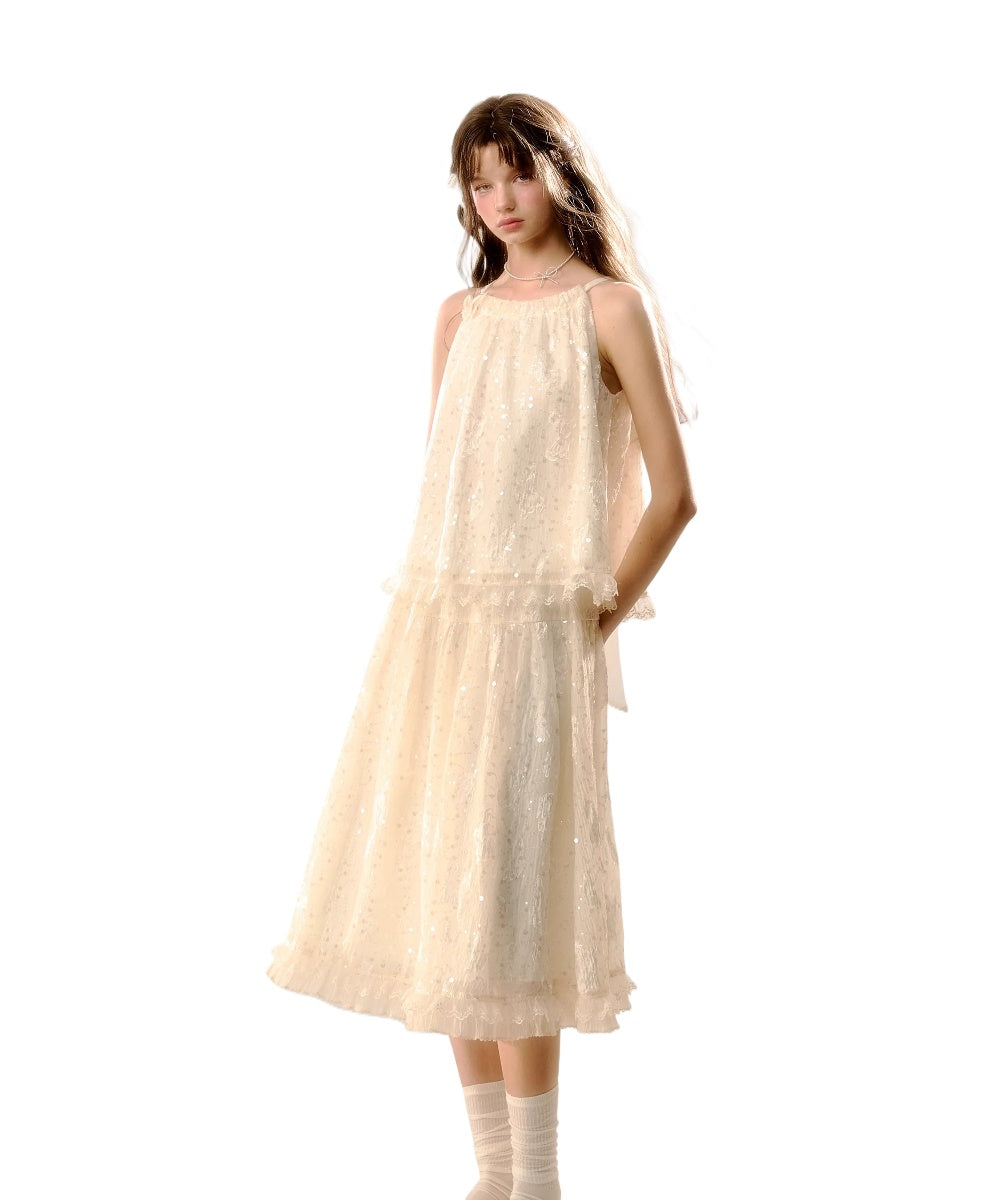 White Butterfly Lace Halter Top  &amp; Midi Skirt Set
