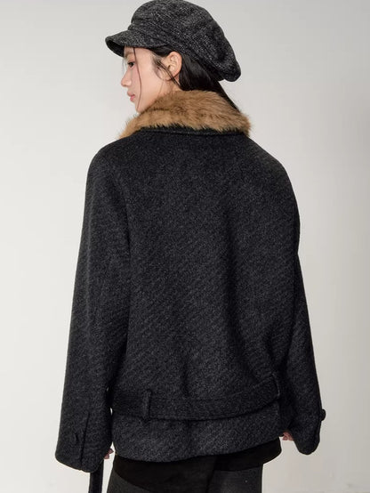 Fur-Collar Double-Breasted Wool Jacket