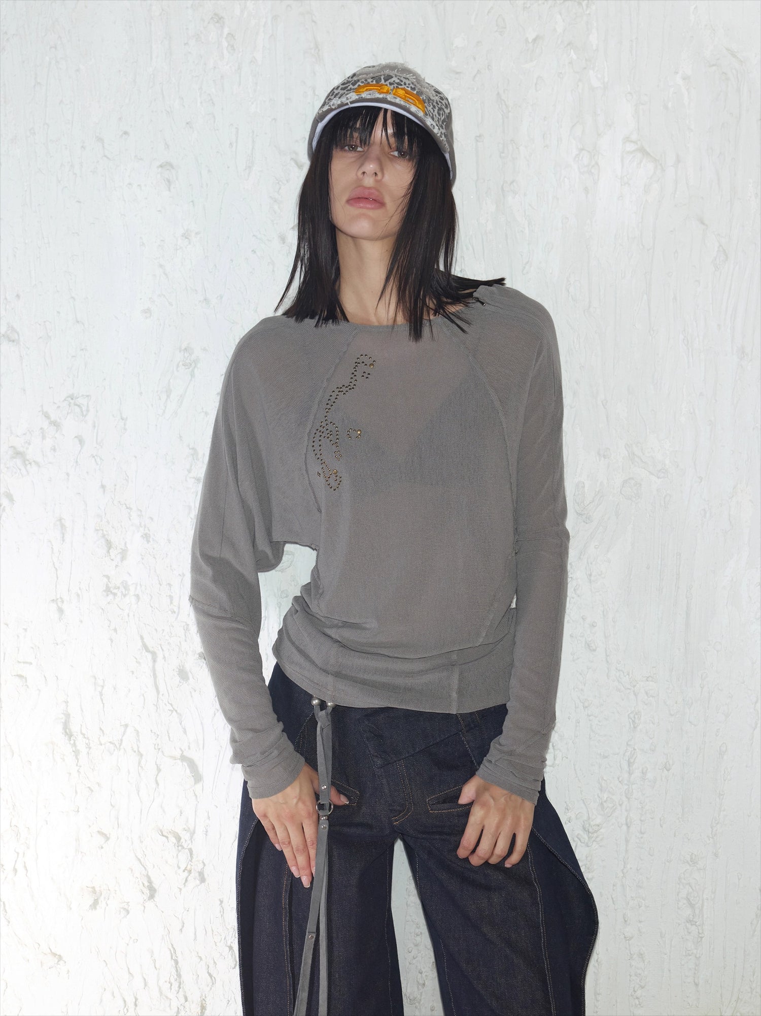 Rhinestone Frayed-Edge Knit T-Shirt