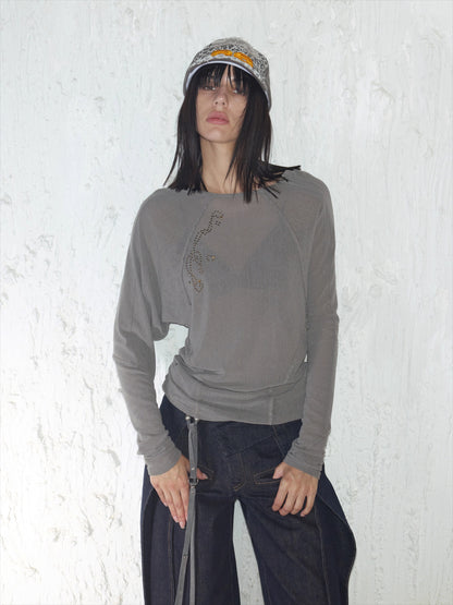 Rhinestone Frayed-Edge Knit T-Shirt